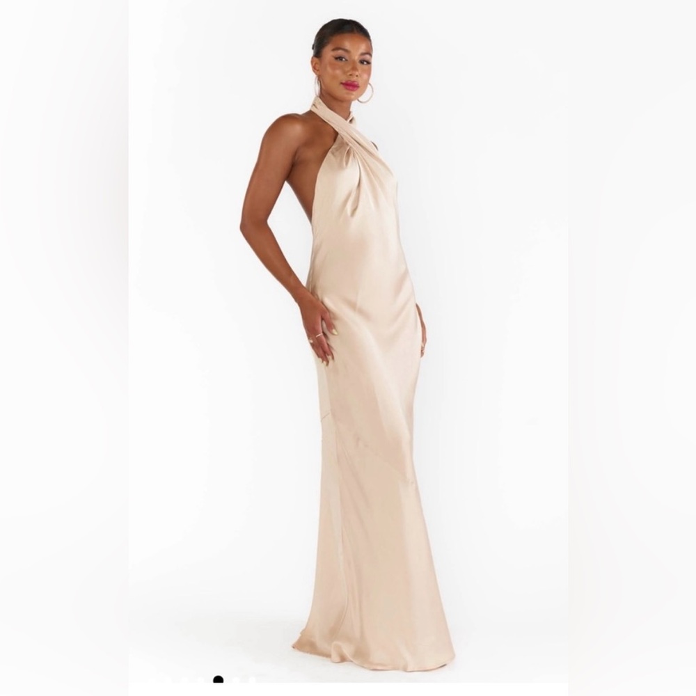 SHOWMEYOURMUMU Jasmine Halter Maxi dress in champagne luxe satin size XS